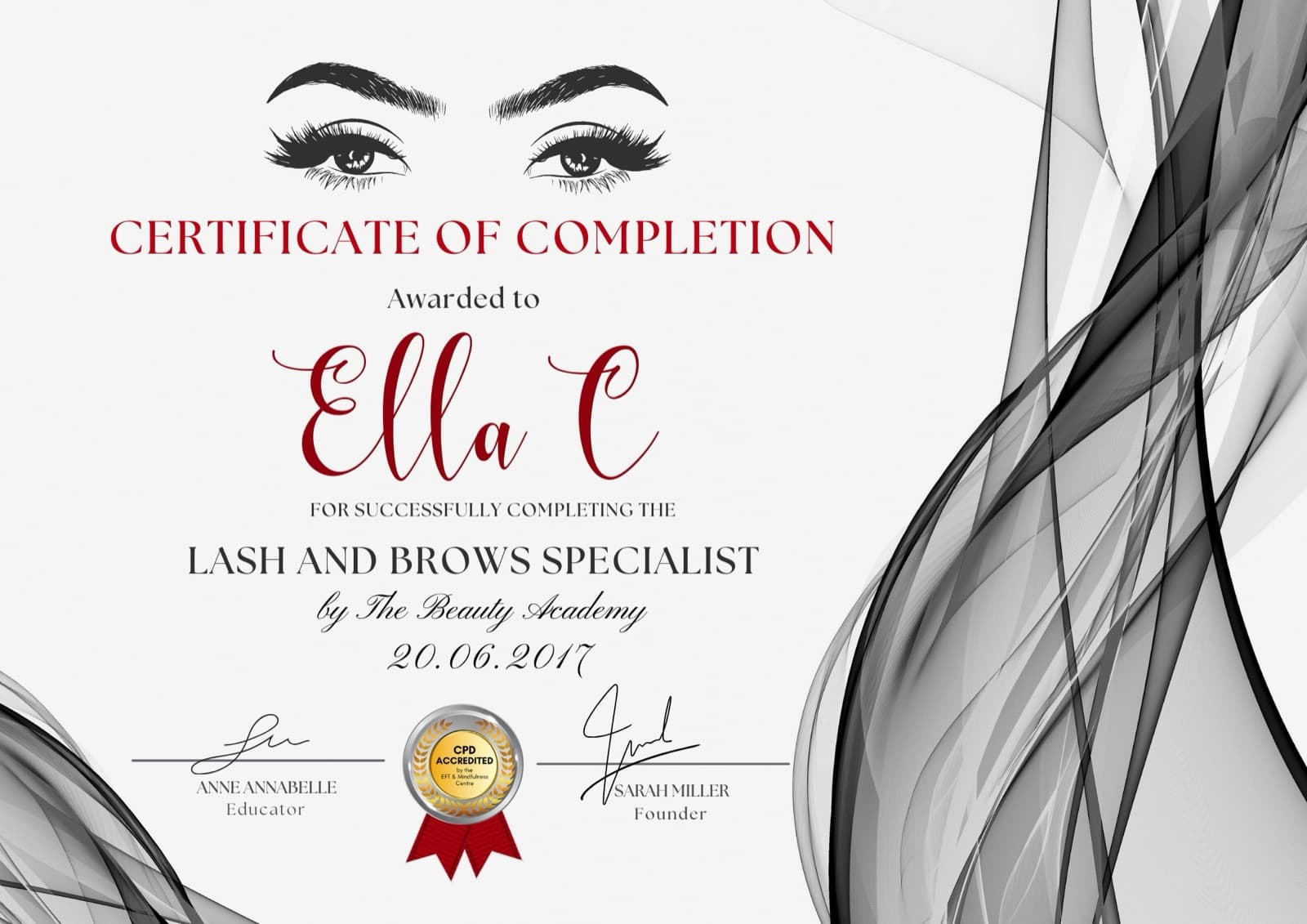 The Beauty Academy certificate of completion — Lash and Brows Specialist, awarded to Ella, June 2017, CPD accredited