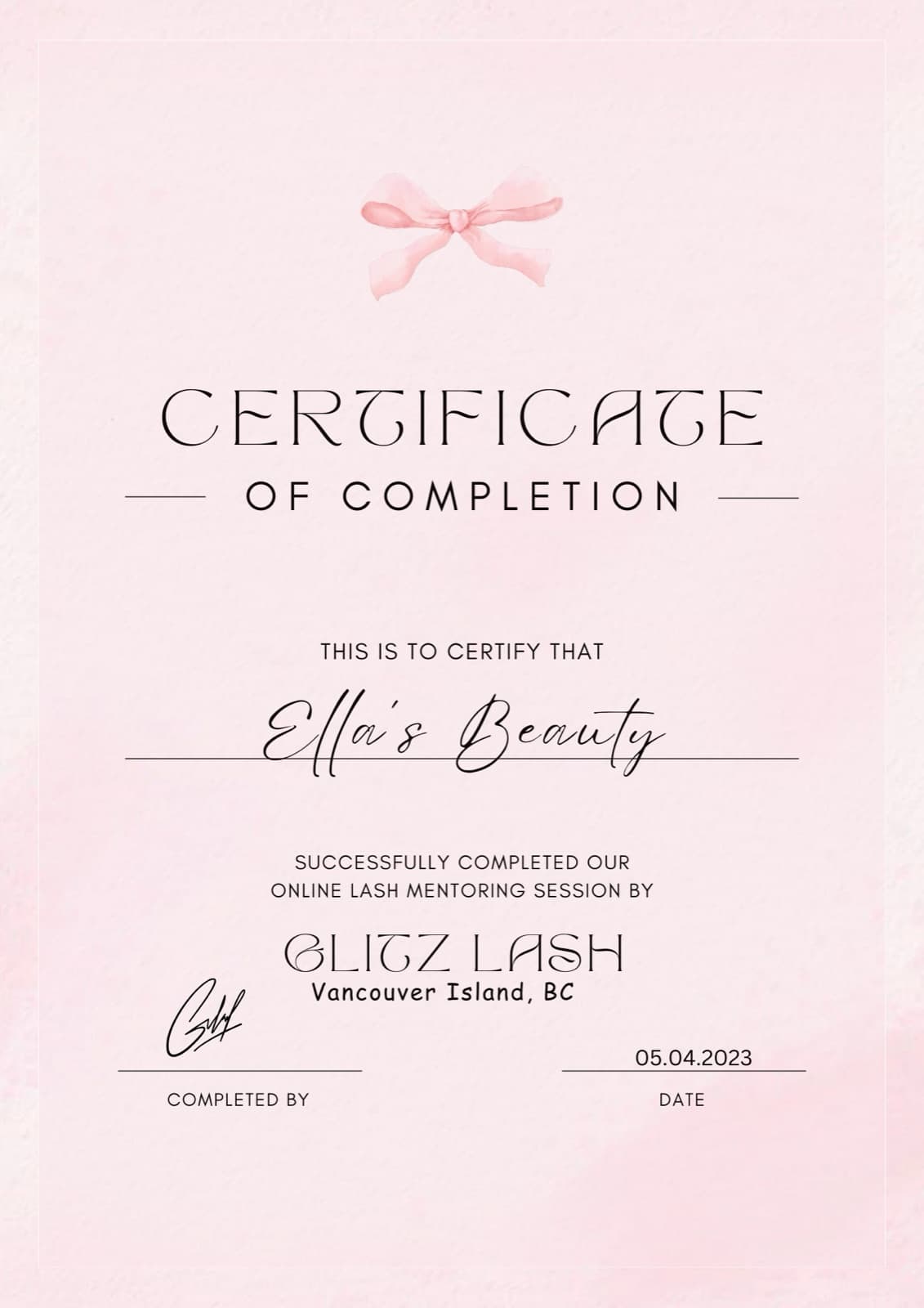 Blitz Lash certificate of completion — online lash mentoring session, April 2023