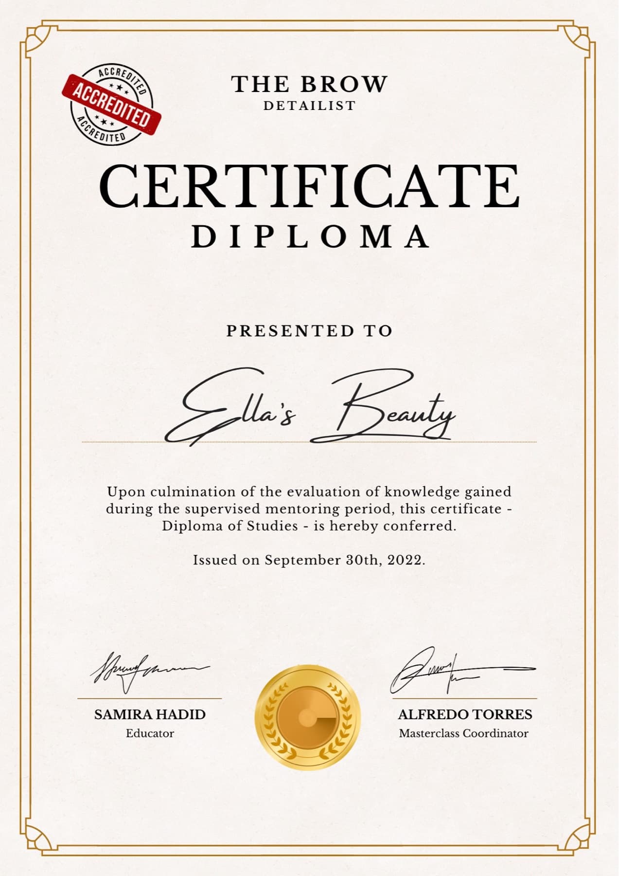 The Brow Detailist accredited certificate diploma presented to Ella’s Beauty, September 2022