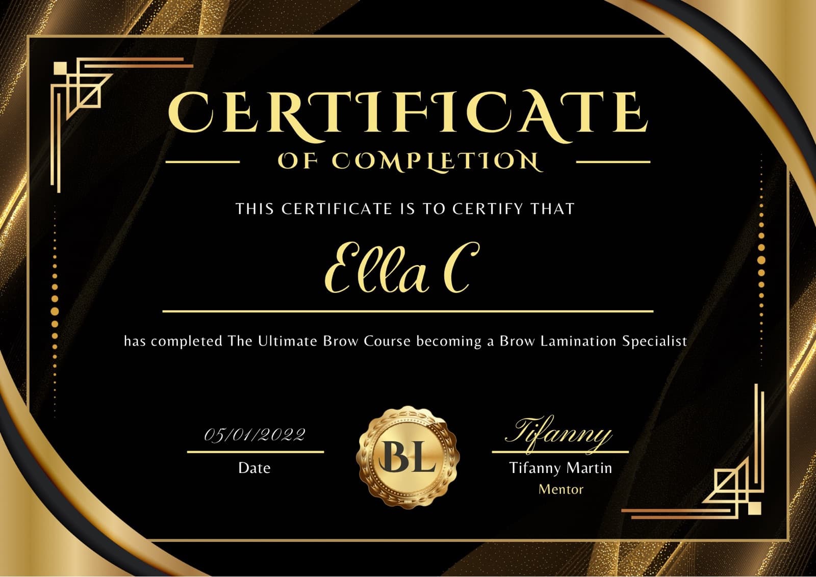 Certificate of completion — The Ultimate Brow Course, Brow Lamination Specialist, January 2022