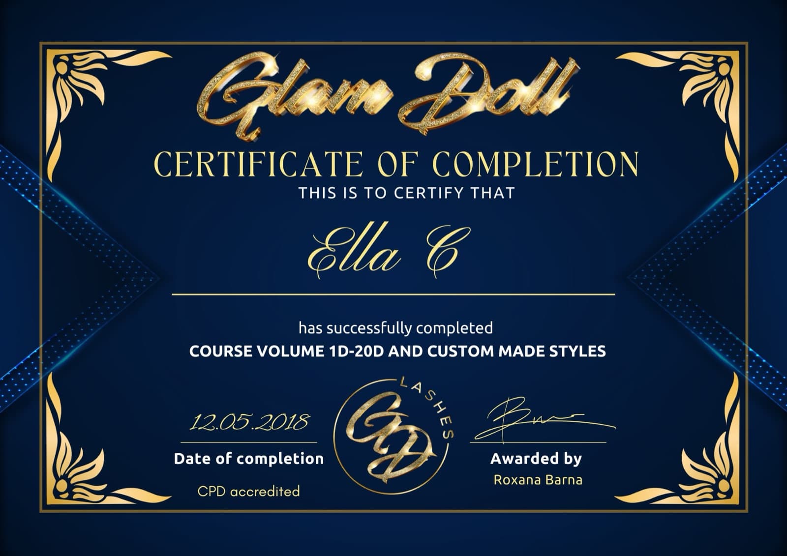 Glam Doll Lashes certificate of completion — Volume 1D–20D and Custom Made Styles, May 2018, CPD accredited