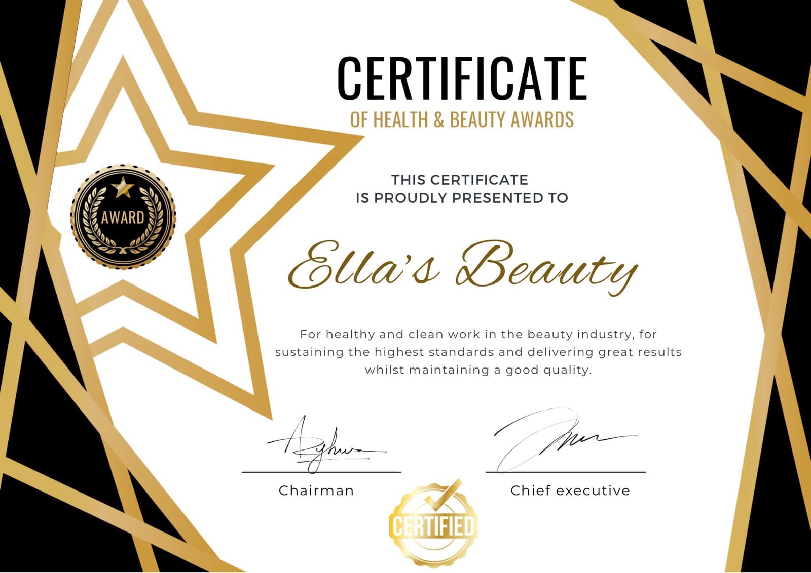 Certificate of Health & Beauty Awards presented to Ella’s Beauty for healthy, clean work and the highest standards