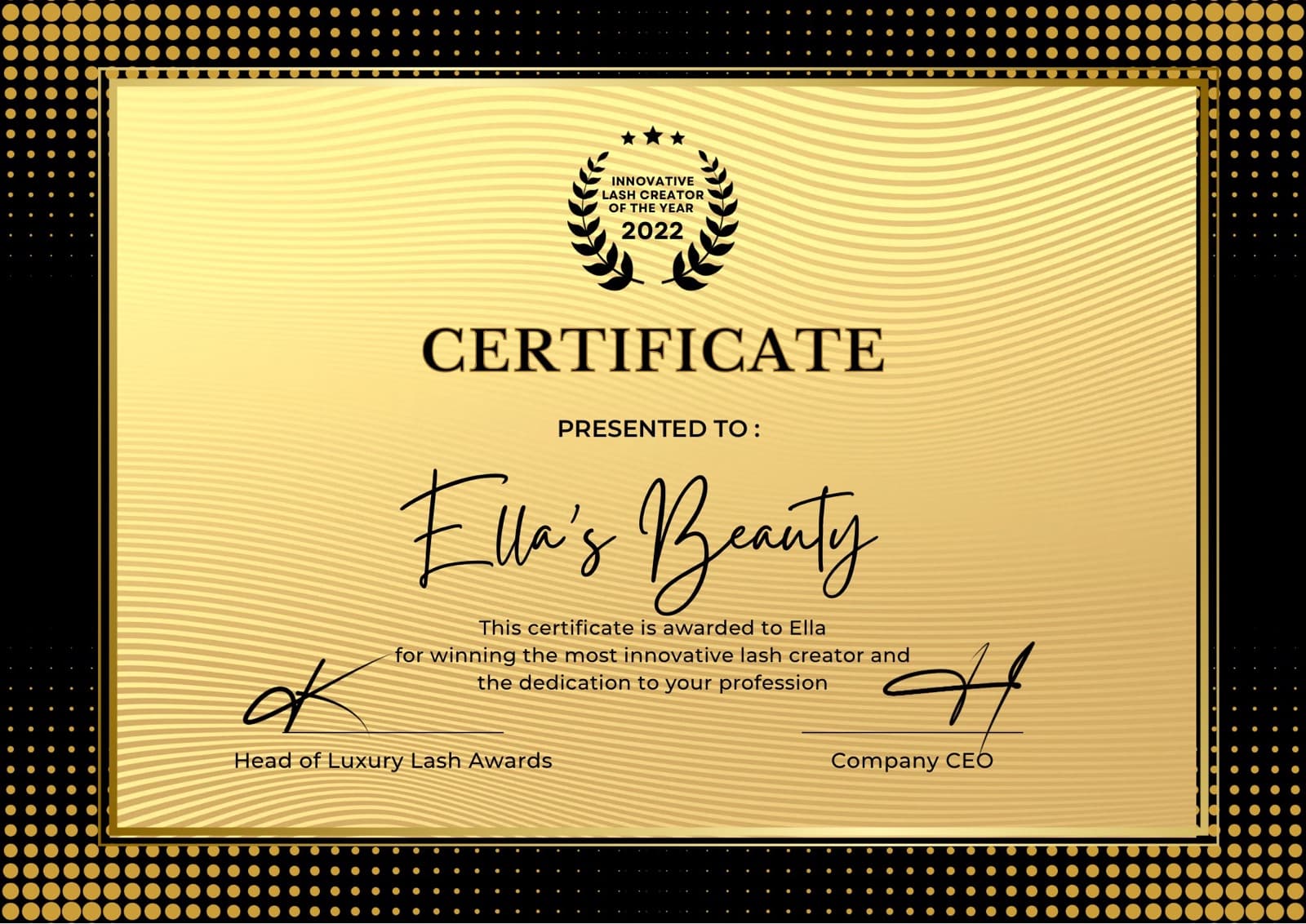 Innovative Lash Creator of the Year 2022 certificate presented to Ella’s Beauty by Luxury Lash Awards