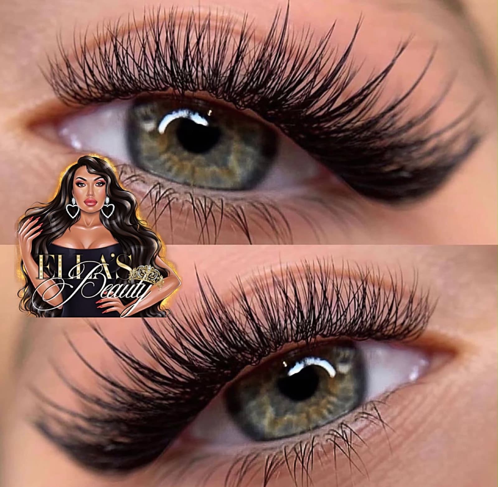 Kendall lash extensions by Ella’s Beauty — fluffy cat-eye set, close-up before and after